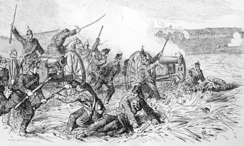 Prussians attack an Austrian battery during the battle of Koeniggraetz, 1866