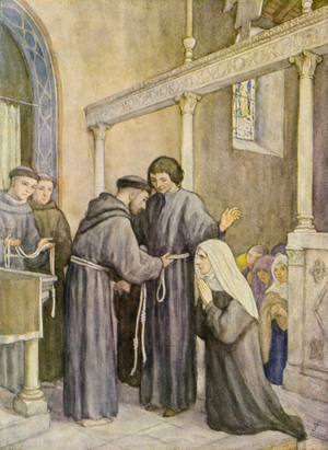 St Francis and the founding of the Third Order (colour litho)