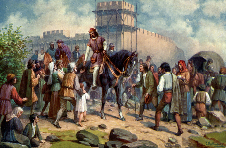 History. Czech Republic. Charles IV, Holy Roman Emperor (Karel IV, king of Bohemia) helps the poors in 1361. Illustration by J. Mathuser, Czechoslovakia, c.1920.