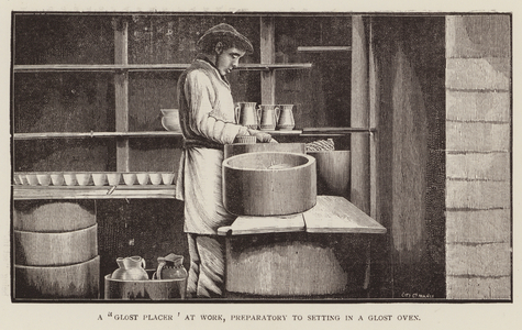 Pottery: A "Glost Placer" at work, preparatory to setting in a Glost Oven (engraving)