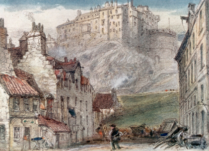 "Edinburgh Castle from the Grass Market" (colour litho)