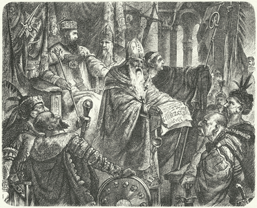 Casimir III of Poland proclaiming the Statute of Wislica, 1347 (engraving)