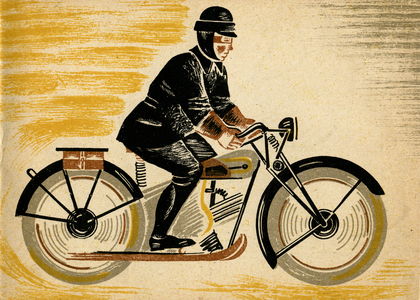 Illustration in Ukrainian Children's Book "Let's Go" depicting Man on Motorcycle, 1932