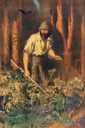 Robinson Crusoe alone on the island, illustration from 'Robinson Crusoe' by Daniel Defoe, published c.1911 (colour litho)
