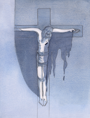 I saw that the vast out-pouring of God's grace was made possible by the bloody offering of the broken body on Calvary, 2000 (w/c on paper)