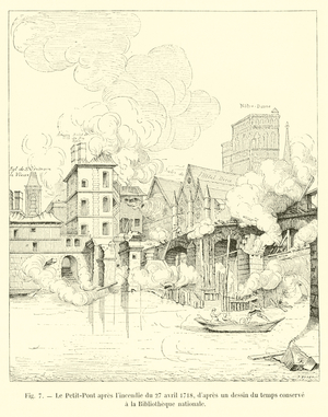 Le Petit-Pont apres l'incendie du 27 avril 1718, d'apres un dessin du temps conserve a la Bibliotheque nationale (engraving)