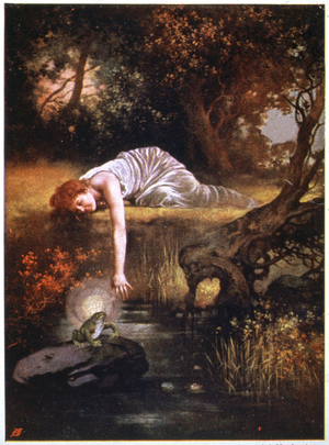 Literature, Fairy Tales. The Frog King with the princess. Postcard for the fairy tales of the Brothers Grimm, Hungary, c.1900 (print)
