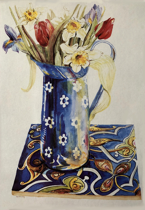 Tulips, Iris and Narcissus in a Blue Enamel Jug with an Italian Tile (watercolour)