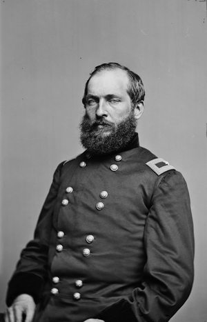 James A. Garfield (1831-81), 20th President of the United States, Head and Shoulders Portrait as Brigadier General during American Civil War, 1865 (b/w photo)