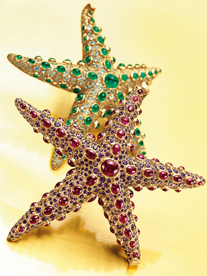 Two Starfish brooches (rubies, amethyst, emeralds, aquamarine & gold)