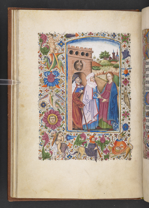 Add MS 50004 f.16v The Visitation, from a 'Book of Hours' (ink, colour & gold on vellum)