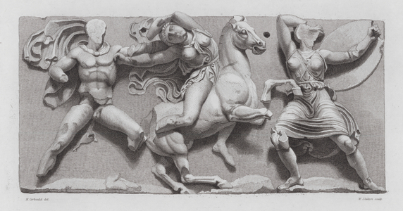 Battle between Greek warriors and Amazons, ancient Greek marble sculpture (engraving)