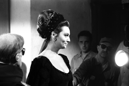 Urbino, Marche, Italy, 1964, The actress Rosanna Schiaffino and Toto directed by director Alberto Lattuada on the set of the film La Mandragola (b/w photo)