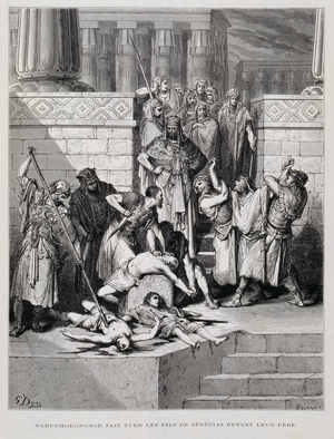 Nebuchadnezzar murdering the children of Zedekiah, Illustration from the Dore Bible, 1866