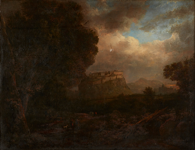 Distant View of Edinburgh, With Travellers in the Foreground (oil on canvas)