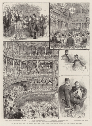 The State Visit of the Shah and the Prince and Princess of Wales to the Empire Theatre (engraving)