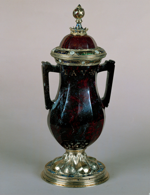 Purple marble vase with lid, two handles, gilt stem