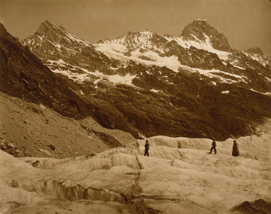 Alpine Landscape, Three Hikers on a Glacier, 1860s (carbon print)