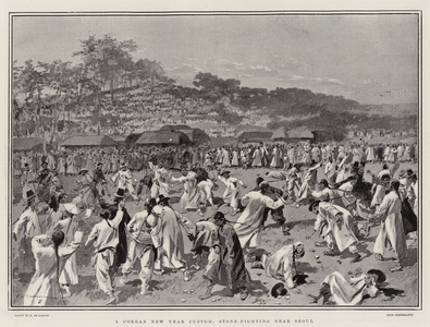 A Corean New Year Custom, Stone-Fighting near Seoul (litho)