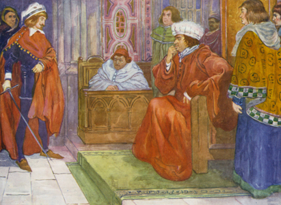 Judge Gascoigne sending Prince Hal to prison (colour litho)