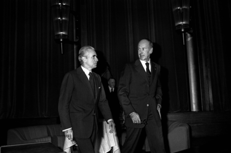 Jacques Chaban Delmas, President of Aquitaine Region, and French President Valery Giscard D'Estaing during The Week of The Aquitaine in Paris on November 4, 1975 (b/w photo)