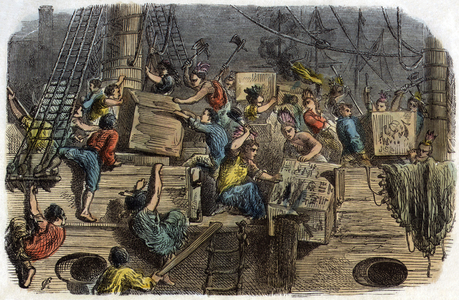 Boston Tea Party , 1773: Americans revolt against British taxes, 19th century (engraving)