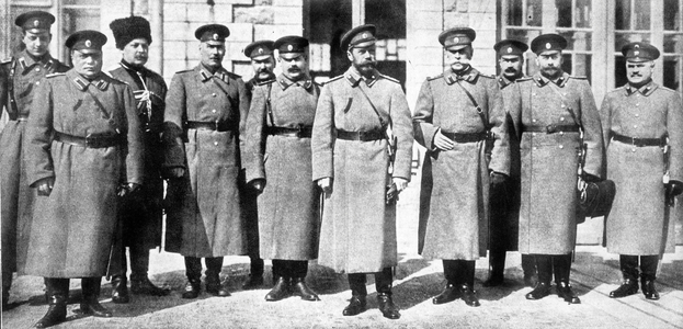 general staff at Mohilev headquarters c. 1915 : Grand Duke Dimitri Pavlovitch implicated in the murder of Rasputin, Admiral Nilof, Count Crabbe, Colonel Mordvinof, General Voieikof, czar Nicolas II (1868-1918), Colonel Freedericks, Prince Dolgoroukof, Professor Fedorof and adviser Yejof
