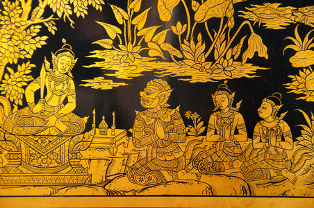 Thailand: Gold lacquered window shutter with scenes from the Jatakas, Wat Saket and the Golden Mount, Bangkok