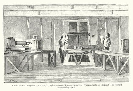 The interior of the optical box at the Polytechnic, looking towards the screen (engraving)
