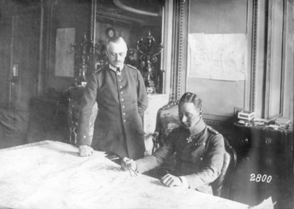Crown Prince Wilhelm of Prussia with Count von Schulenburg study maps, 1917 (b/w photo)