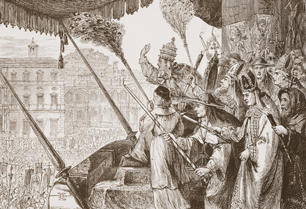 Leo X pronouncing the 'Bull of the Lord's Steel', illustration from 'The History of Protestantism' by James Aitken Wylie (1808-1890), pub. 1878 (engraving)