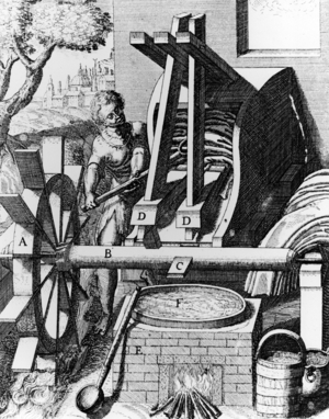 An undershot waterwheel powering a falling mill