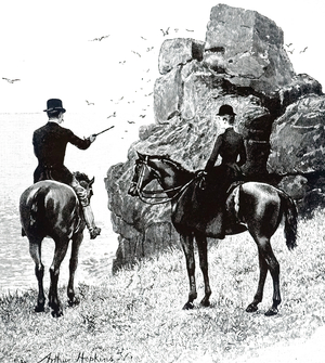An engraving depicting a young couple riding horses by a cliff, 19th century