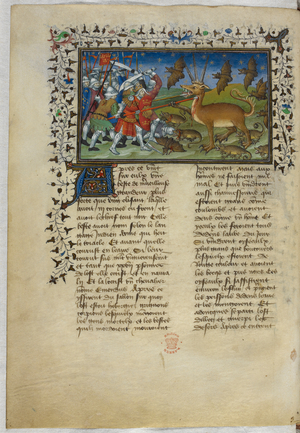 Miniature of Alexander's battle with a three-horned beast and other strange animals