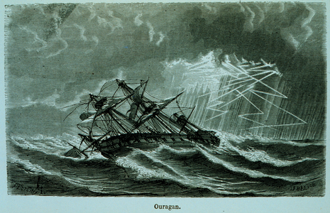 Illustration of the 'Ouragan' sailing vessel in hurricane conditions, from 'Les Meteores'