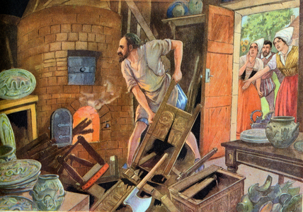 Art. The french potter Bernard Palissy in his workshop. Illustration in: Belles images d'histoire (schoolbook) , by H. Geron, France, c.1948 Coll. Part. (print)