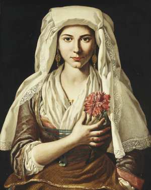 Portrait of a Young Woman, three-quarter length, Holding a Carnation (oil on canvas)