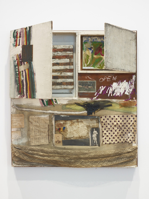 Short Circuit (Combine Painting), 1955 (oil, fabric & paper on wood supports with cabinet)