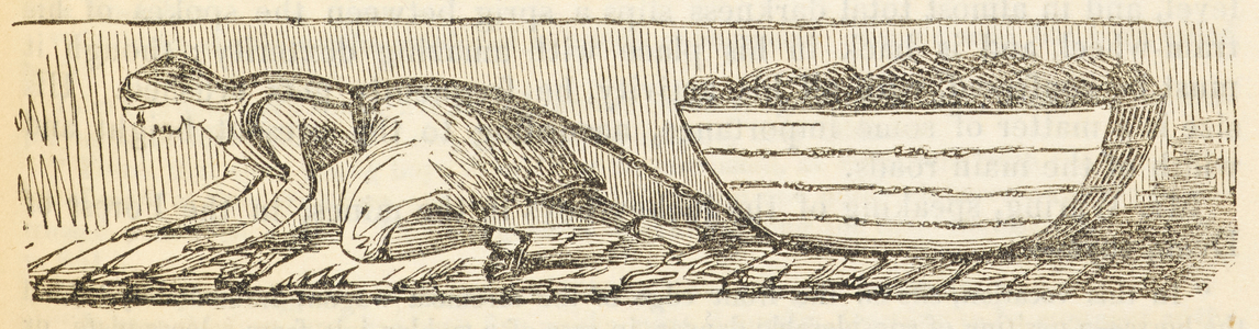 A young girl on her knees dragging a coal cart through the mine.