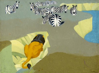 Lion stalking Zebras, 1934 (oil on canvas board)