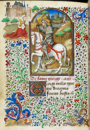 Miniature of George slaying the dragon, with a full foliate border, at the beginning of his suffrage; in the margin above, a princess kneels before George, with a castle behind her