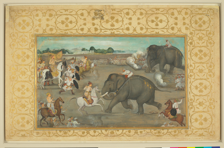 Prince Awrangzeb facing a maddened elephant named Sudhakar (7 June 1633), c. 1635-40 (w/c)