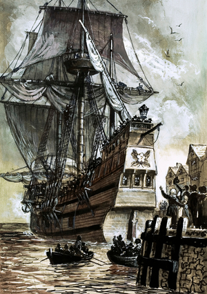 The last sight of the Pilgrim Fathers was Southampton dock (gouache on paper)