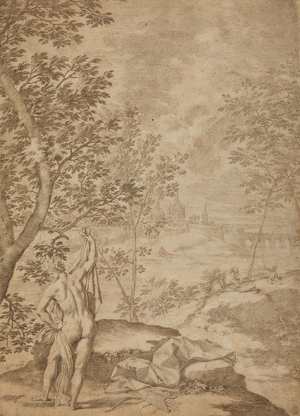 Apollo Standing in a River Landscape, 1720-1730 (pen and brown and black ink on laid paper)