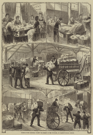 Stores of the National Society for Relief of the Wounded, St Martin's-Place, London (engraving)