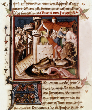 The town of Saint Jean d'Acre is captured in 1291 by muslim Mamelukes during 8th crusade, illumination from French manuscript "Les Grandes Chroniques de France", 15th century