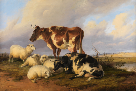 Sheep and Cattle on the Marshes (oil on canvas)