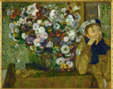Woman leaning next to a vase with flowers (oil on canvas)