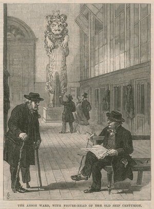 A visit to Greenwich Hospital; The Anson Ward, with figurehead of the old ship Centurion (engraving)