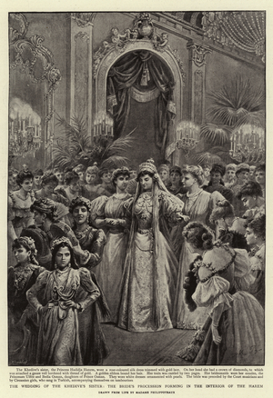 The Wedding of the Khedive's Sister, the Bride's Procession forming in the Interior of the Harem (litho)